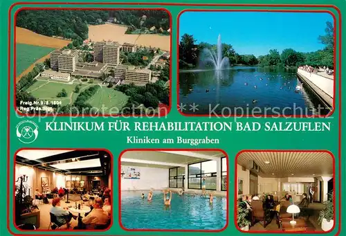 AK / Ansichtskarte Bad_Salzuflen Reha Klinikum Klinik am Burggraben Fliegeraufnahme Fontaene Gastraum Hallenbad Bad_Salzuflen