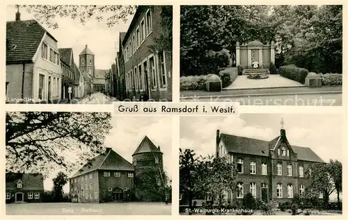 AK / Ansichtskarte Ramsdorf_Velen Lange Strasse Ehrenmal Burg Rathaus St Walburgis Krankenhaus Ramsdorf_Velen