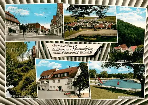 AK / Ansichtskarte Stammheim_Calw Strassenpartie Panorama Untere Muehle Altes Muehlenrad Gasthaus Adler Frei Schwimmbad Stammheim Calw