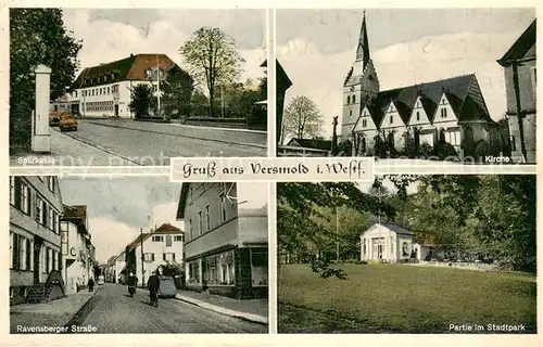 AK / Ansichtskarte Versmold Sparkasse Kirche Ravensberger Strasse Partie im Stadtpark Versmold