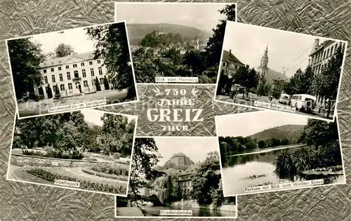 AK / Ansichtskarte Greiz_Thueringen Sommerpalais Leninpark Blick vom Hainberg Aug Bebel Str Goethepark Friedensbruecke Parksee Weisses Kreuz Greiz Thueringen