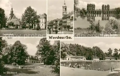 AK / Ansichtskarte Werdau_Sachsen Leninplatz Markt Teiche Stadtpark Freibad Werdau Sachsen