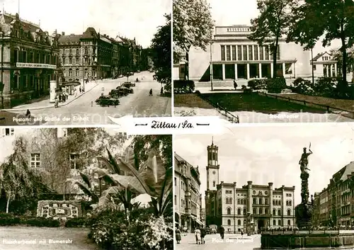 AK / Ansichtskarte Zittau Postamt und Strasse der Einheit Stadttheater Fleischerbastei mit Blumenuhr Platz der Jugend Zittau