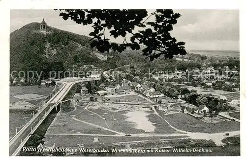 AK / Ansichtskarte Porta_Westfalica Fliegeraufnahme Weserbruecke Wittekindsberg m. Kaiser Wilhelm Denkmal Porta_Westfalica