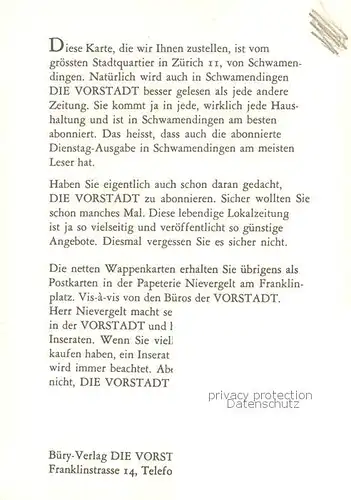 AK / Ansichtskarte Schwamendingen_Zuerich Gemeindewappen In Rot eine silberne Pflugschar oben links ein silbernes Tatzenkreuz 