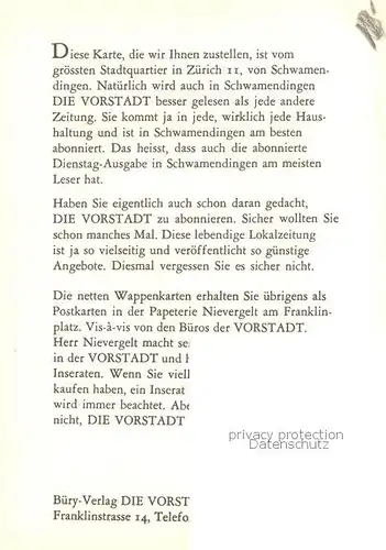 AK / Ansichtskarte Schwamendingen_Zuerich Gemeindewappen In Rot eine silberne Pflugschar oben links ein silbernes Tatzenkreuz 