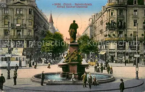 AK / Ansichtskarte Zuerich_ZH Bahnhofplatz mit Alfred Escher Denkmal Zuerich_ZH