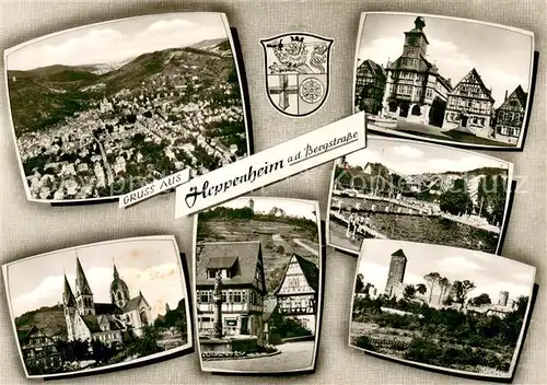 AK / Ansichtskarte Heppenheim_Bergstrasse Fliegeraufnahme Schwimmbad Fachwerkhaeuser Kirche Heppenheim_Bergstrasse