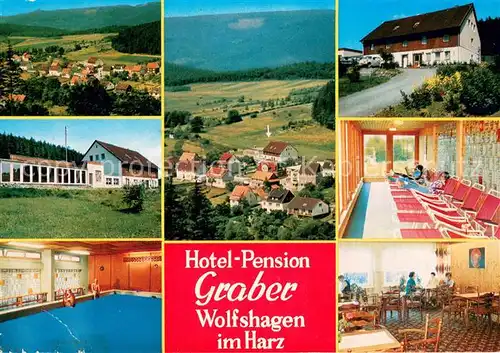 AK / Ansichtskarte Wolfshagen_Harz Panorama Hotel Pension Graber Gastraeume Hallenbad Wolfshagen Harz
