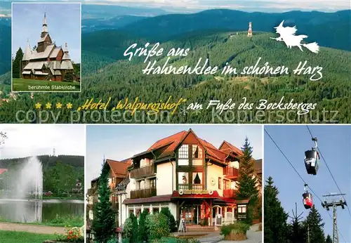 AK / Ansichtskarte Hahnenklee Bockswiese_Harz Stabkirche Panorama Fontaene Hotel Walpurgishof Gondelbahn Hahnenklee Bockswiese