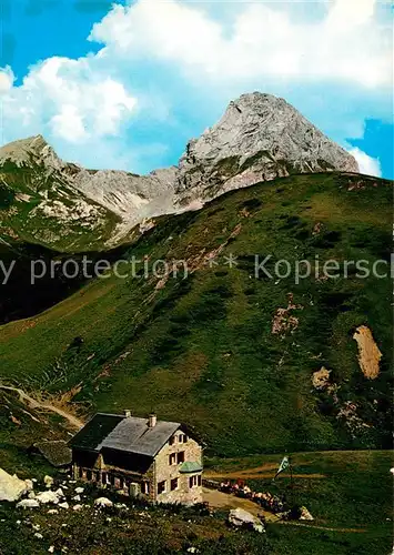 AK / Ansichtskarte Ravensburgerhuette_1980m_Lech_Arlberg Aussenansicht m. Roggalspitze  