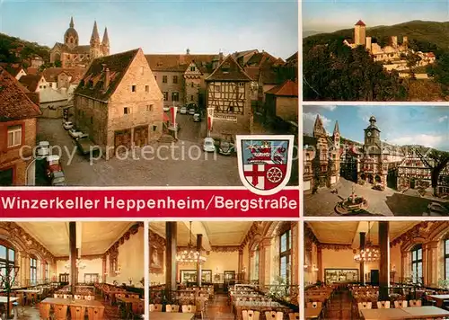 AK / Ansichtskarte Heppenheim_Bergstrasse Ortspartie Burg Gastraeume Marktplatz Heppenheim_Bergstrasse