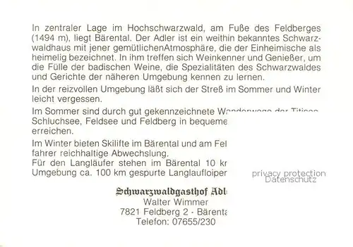 AK / Ansichtskarte Baerental_Feldberg Schwarzwaldgasthof Adler Baerental Feldberg