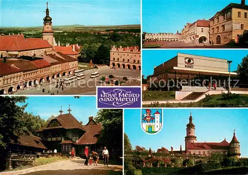 AK / Ansichtskarte Nove_Mesto_nad_Metuji_CZ Mestska pomatkova reservace Cast namesti se zamkem Restaurace Peklo Kino Zamek ze nameckeho parku 