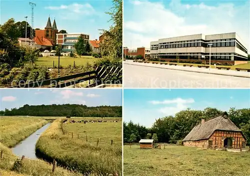 AK / Ansichtskarte Beverstedt Blick zur Kirche Schule Scheune Fachwerkhaus Landschaftspanorama Bach Viehweide Beverstedt