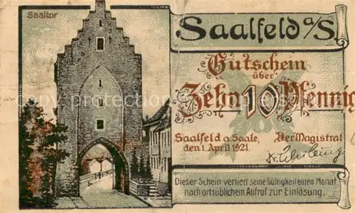 AK / Ansichtskarte Saalfeld_Saale Saaltor Saalebruecke Zehn Pfennig Gutschein Saalfeld_Saale