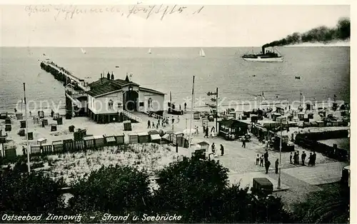 AK / Ansichtskarte Zinnowitz_Ostseebad Strand und Seebruecke Zinnowitz_Ostseebad