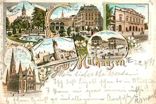 AK / Ansichtskarte Muelhausen_Elsass Parkanlagen Salvatorplatz Markt Markthalle Theater Kirche Bollwerk Quartier Litho Muelhausen Elsass