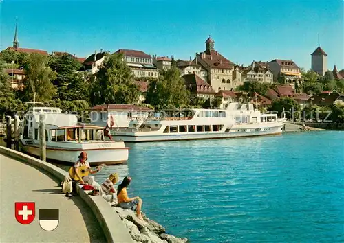 AK / Ansichtskarte Murten_Morat Schiffstation mit Altstadtblick Murten Morat