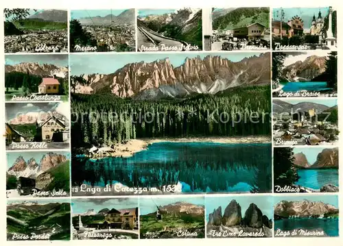 AK / Ansichtskarte Karersee_Lago_di_Carezza_IT Lago di Braies   Dobbiacs   Lago di Misusina   Cartina   Passo Sella   Passo Rolle 