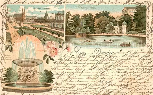 AK / Ansichtskarte Dresden_Elbe Zwinger Teich Brunnen Albertsplatz Stilles Wasser Litho 