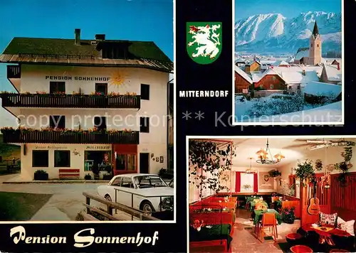 AK / Ansichtskarte Mitterndorf_Bad Pension Sonnenhof Gastraum Kirche Mitterndorf_Bad