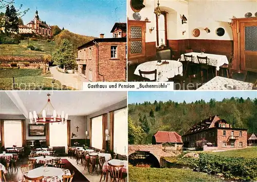 AK / Ansichtskarte Mariabuchen Gasthaus Pension Buchenmuehle Gastraum Blick zur Wallfahrtskirche Mariabuchen