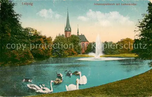 AK / Ansichtskarte Leipzig Johannaparkteich Schwaene Lutherkirche Feldpost Leipzig