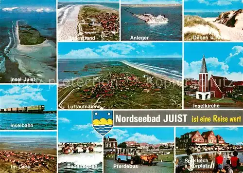 AK / Ansichtskarte Juist_Nordseebad Fliegeraufnahmen Strand Anleger Duenen Inselbahn Inselkirche Im Loog Pferdebus Schiffchenteich am Kurplatz Juist_Nordseebad