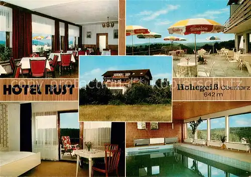 AK / Ansichtskarte Hohegeiss_Harz Hotel Rust Gastraum Terrasse Zimmer Hallenbad Hohegeiss Harz