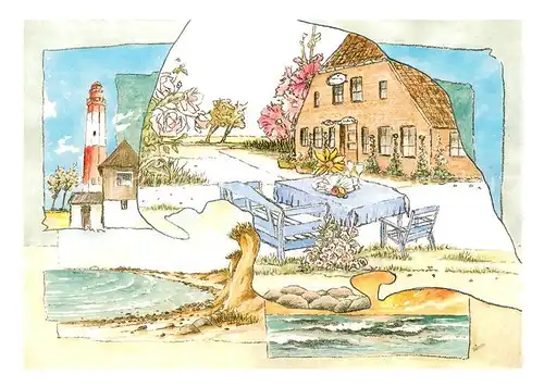 AK / Ansichtskarte Landkirchen_Fehmarn Restaurant Petersen Leuchtturm Strandpartie Illustration Landkirchen Fehmarn