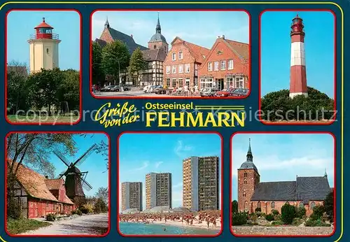 AK / Ansichtskarte Insel_Fehmarn Leuchttuerme Windmuehle Strand Hotels Kirche Insel Fehmarn