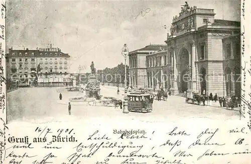 AK / Ansichtskarte Zuerich_ZH Bahnhofsplatz Strassenbahn Denkmal Zuerich_ZH