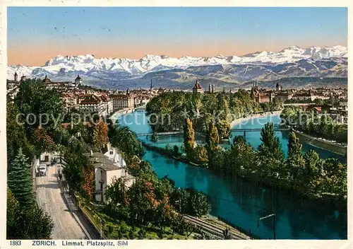 AK / Ansichtskarte Zuerich_ZH Limmat Platzspitz Sihl Alpenkette Zuerich_ZH