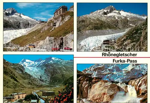 AK / Ansichtskarte Furkapass Rhonegletscher u. Belvedere Quelle d. Rheone u. Furka Furkapass