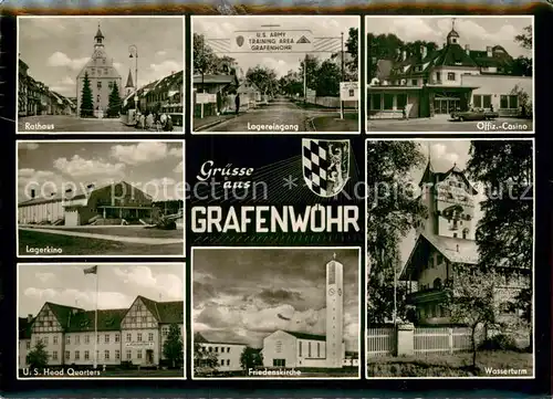 AK / Ansichtskarte Grafenwoehr_Truppenuebungsplatz Rathaus Lagereingang Offiziers Casino Lagerkino US Head Quarters Friedenskirche Wasserturm Grafenwoehr