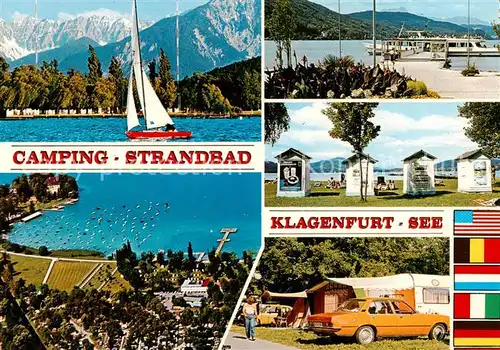 AK / Ansichtskarte Woerthersee Fliegeraufnahme Strandbad m. Karawanken   Camping Strandbad m. Seglerhafen u. Maria Loretto   Landesteg d. Woertherseeschifffahrt Woerthersee