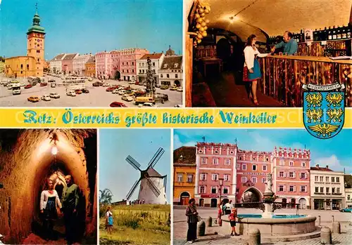 AK / Ansichtskarte Retz_Weinviertel_AT Rathaus Hauptplatz Ausschank Kellerroehre Windmuehle Verderberhaus Brunnen Groesster historischer Weinkeller oesterreichs 