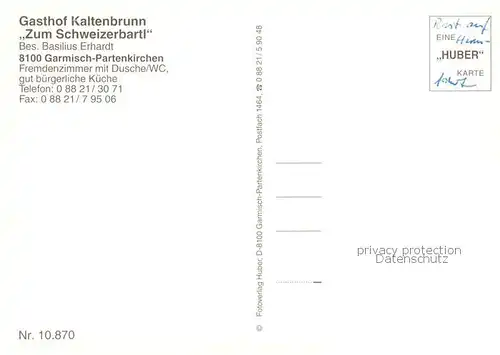 AK / Ansichtskarte Garmisch Partenkirchen Gasthof Kaltenbrunn Zum Schweizerbartl Fassadenmalerei Huber Karte Nr. 10870 Garmisch Partenkirchen