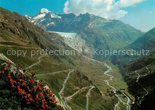 AK / Ansichtskarte Gletsch_1784m_VS mit Furka und Grimselpass Rhonegletscher und Galenstock 