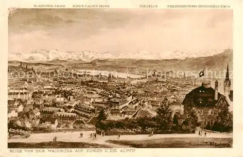 AK / Ansichtskarte Zuerich_ZH Blick v. d. Waldburg a. d. Stadt u. Alpen Zuerich_ZH