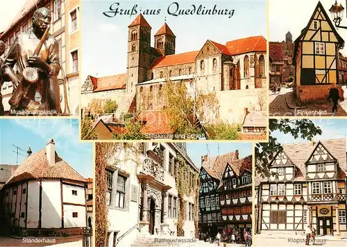 AK / Ansichtskarte Quedlinburg Musikantenplastik Stiftskirche Schloss Finkenherd Staenderhaus Rathausfassade Kloppstockhaus Quedlinburg