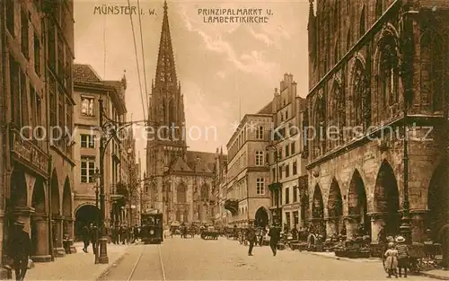 AK / Ansichtskarte 73794114 Muenster_Westfalen Prinzipalmarkt u. Lambertikirche m. Strassenbahn Muenster_Westfalen