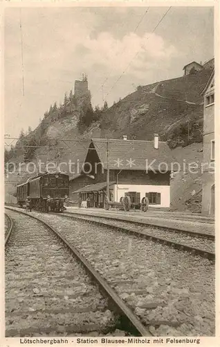 AK / Ansichtskarte Loetschbergbahn_BE Station Blausee Mitholz m. Felsenburg 