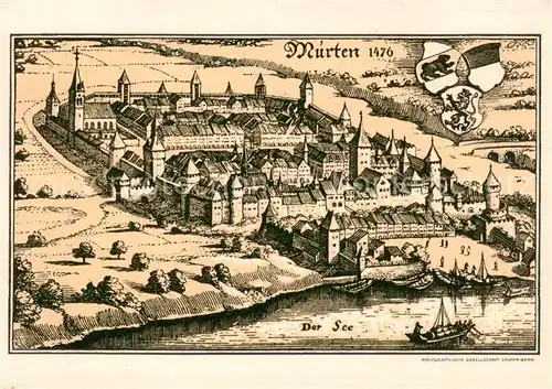 AK / Ansichtskarte Murten_Morat_FR Karte v. 1476 m. Murtensee 
