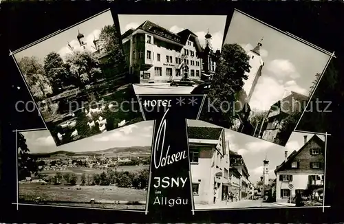 AK / Ansichtskarte 73797148 Isny_Allgaeu Hotel Ochsen Schwanenteich Panorama Ortsansicht mit Kirche Isny Allgaeu