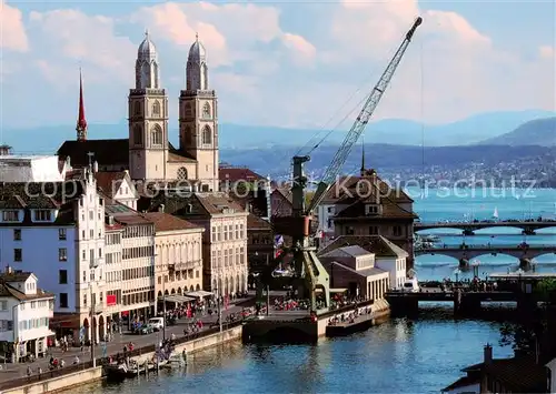 AK / Ansichtskarte Zuerich_ZH City Kunstinstallation Hafenkran an der Limmat Kirche Zuerichsee Zuerich_ZH