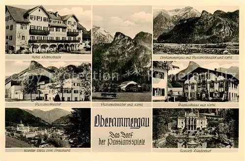 AK / Ansichtskarte 73797615 Oberammergau Hotel Wittelsbach Passionstheater Kloster Ettal Passionstheater Pilatushaus mit Kofel Schloss Rinderhof Oberammergau