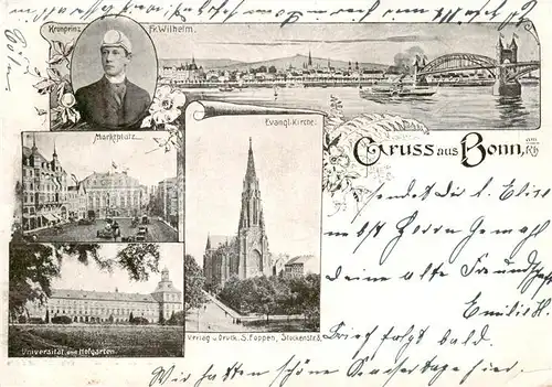 AK / Ansichtskarte 73802476 Bonn_Rhein Portrait Kronprinz Friedrich Wilhelm Panorama Marktplatz Kirche Bonn_Rhein