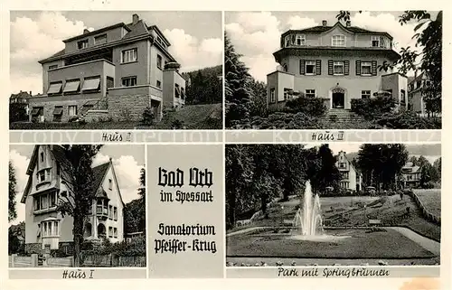 AK / Ansichtskarte 73803320 Bad_Orb Sanatorium Pfeiffer Krug Haus I bis III Park mit Springbrunnen Bad_Orb